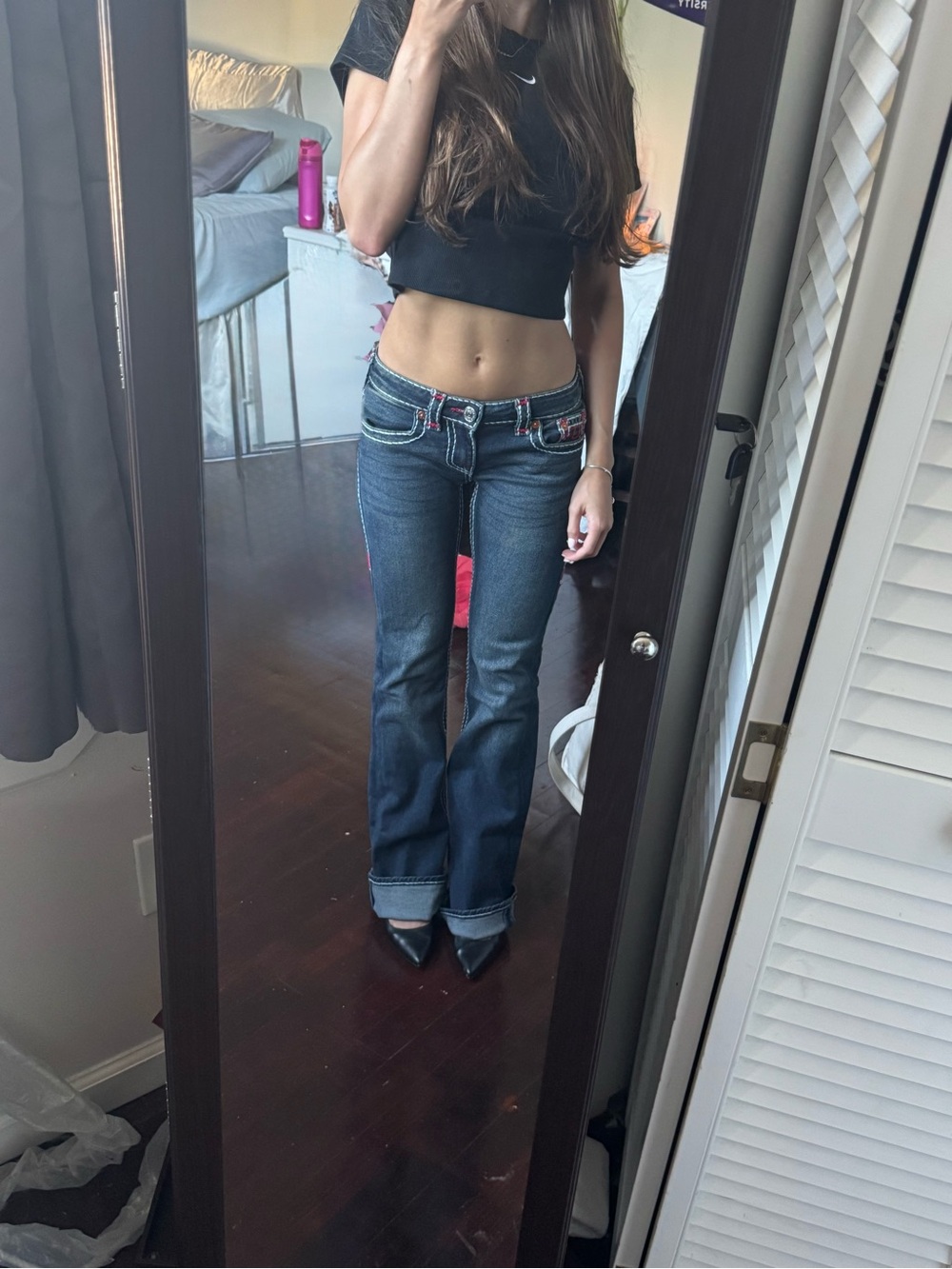 Brand New Low Rise Dark Blue Flare Jeans with Contrast Trim
